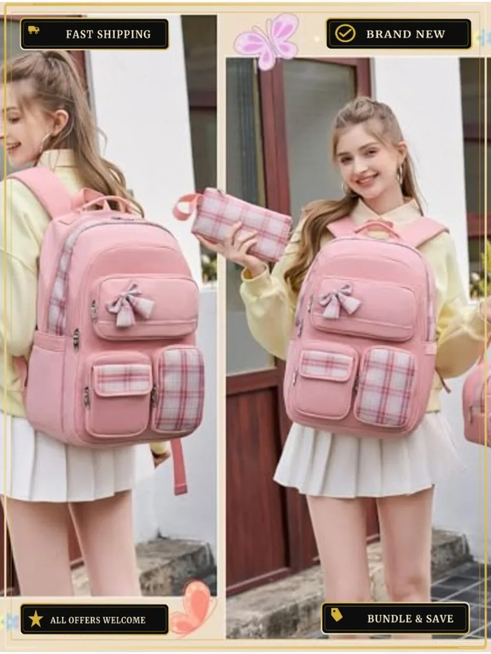 3-Piece Girls Backpack Set with Lunch Box Pencil Case, 15.6 inch Laptop School